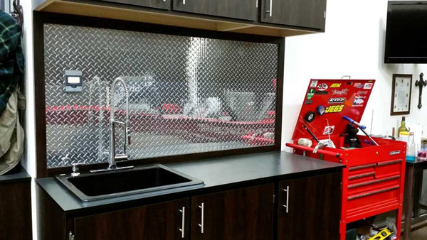 Polished aluminum industrial sink backsplash available at Onlinediamondplate.com